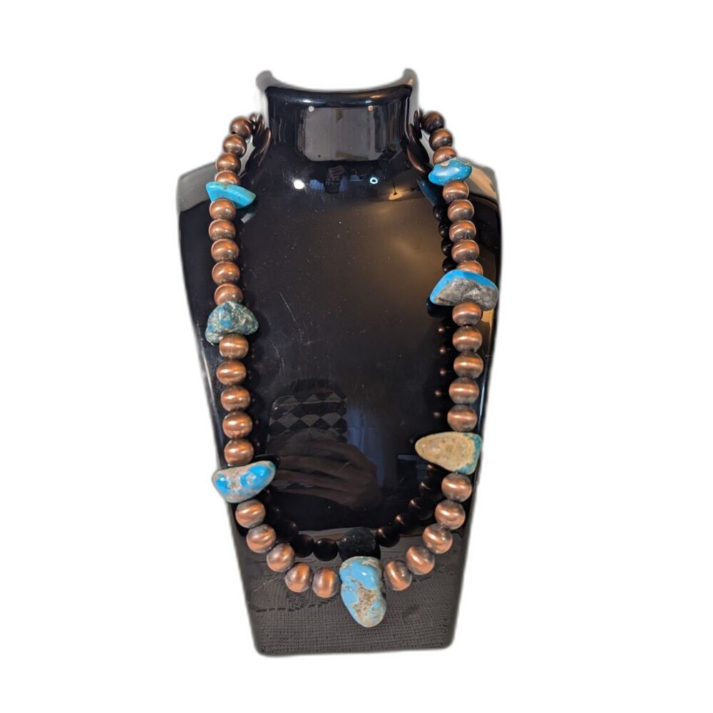 Large Pure Copper and Kingman Turquoise Nugget Necklace, 18 inches
